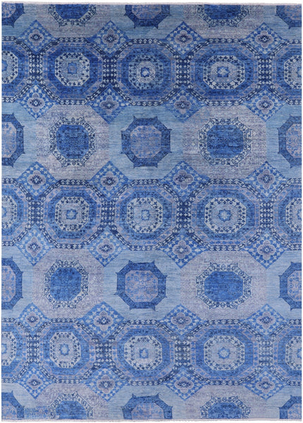 Blue Geometric Persian Mamluk Hand Knotted Wool Rug - 8' 10" X 12' 3" - Golden Nile