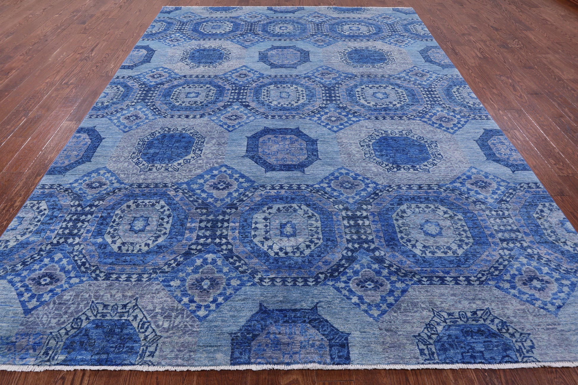 Blue Geometric Persian Mamluk Hand Knotted Wool Rug - 8' 10" X 12' 3" - Golden Nile
