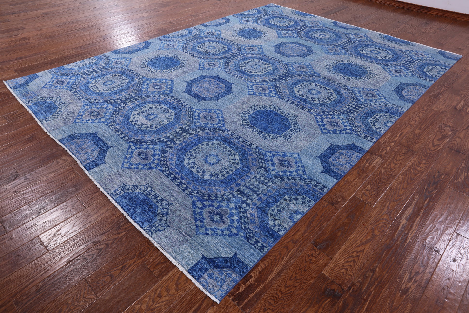 Blue Geometric Persian Mamluk Hand Knotted Wool Rug - 8' 10" X 12' 3" - Golden Nile
