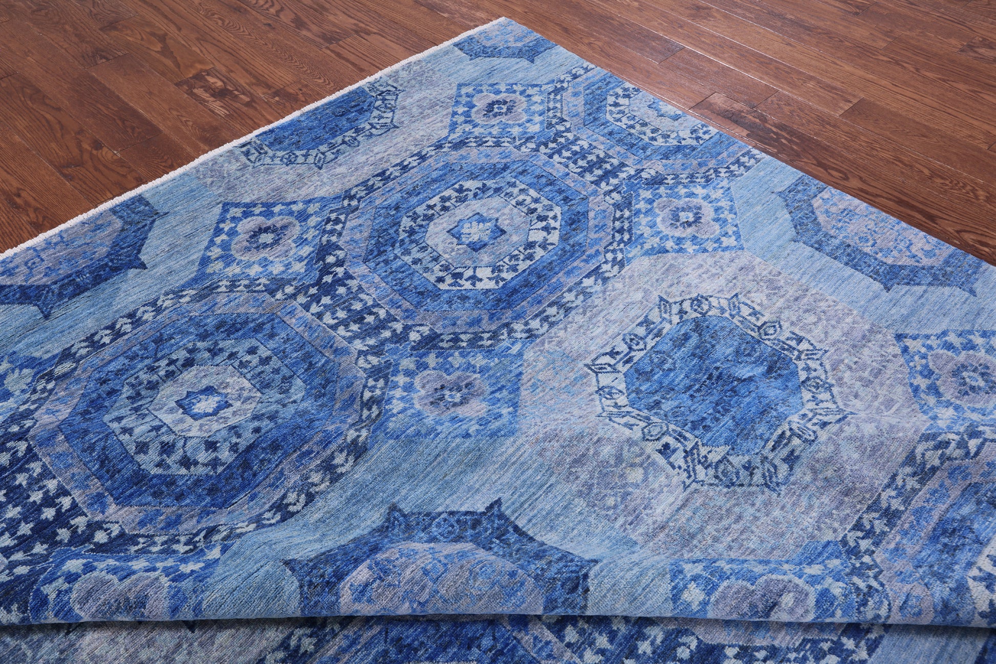 Blue Geometric Persian Mamluk Hand Knotted Wool Rug - 8' 10" X 12' 3" - Golden Nile