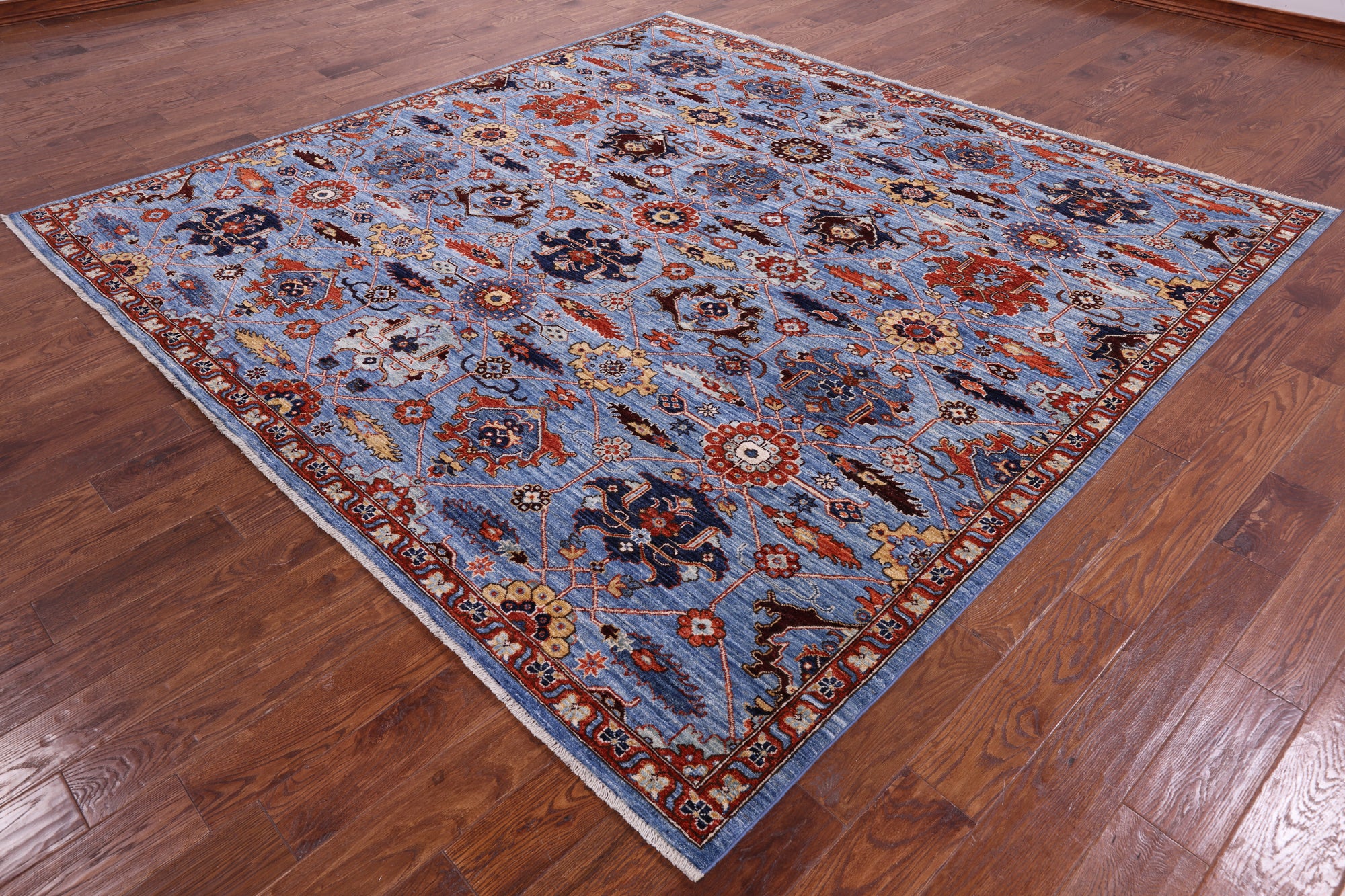 Blue Square Persian Fine Serapi Hand Knotted Wool Rug - 8' 9" X 8' 11" - Golden Nile
