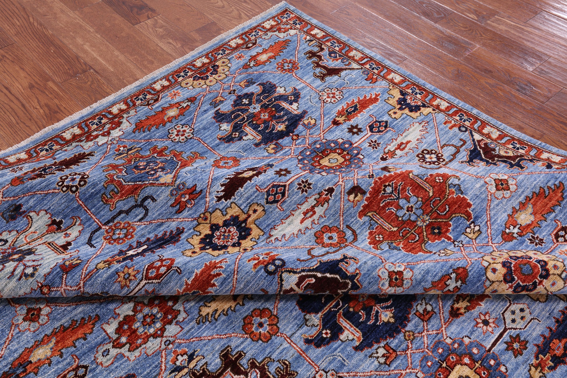 Blue Square Persian Fine Serapi Hand Knotted Wool Rug - 8' 9" X 8' 11" - Golden Nile