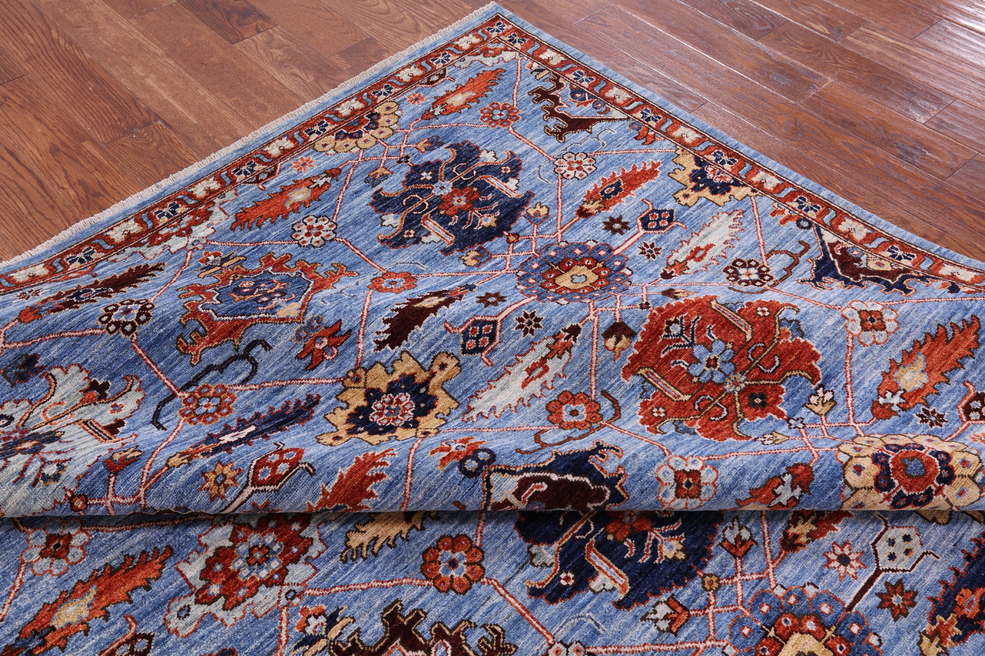 Blue Square Persian Fine Serapi Hand Knotted Wool Rug - 8' 9" X 8' 11" - Golden Nile