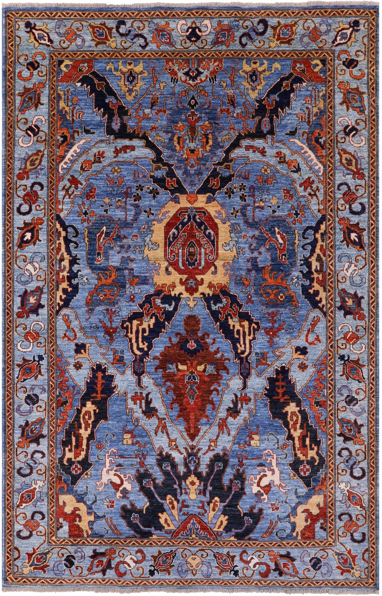 Blue Persian Fine Serapi Hand Knotted Wool Rug - 6' 1" X 9' 1" - Golden Nile