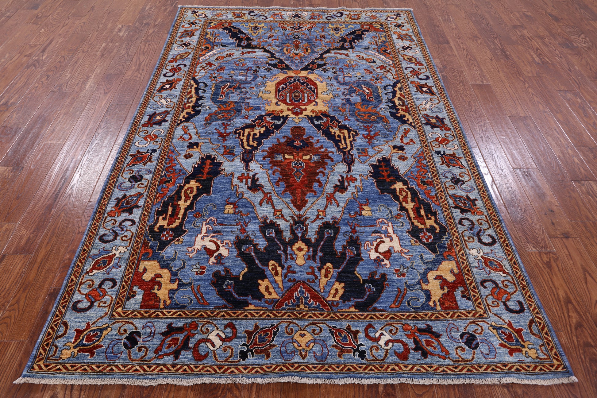 Blue Persian Fine Serapi Hand Knotted Wool Rug - 6' 1" X 9' 1" - Golden Nile