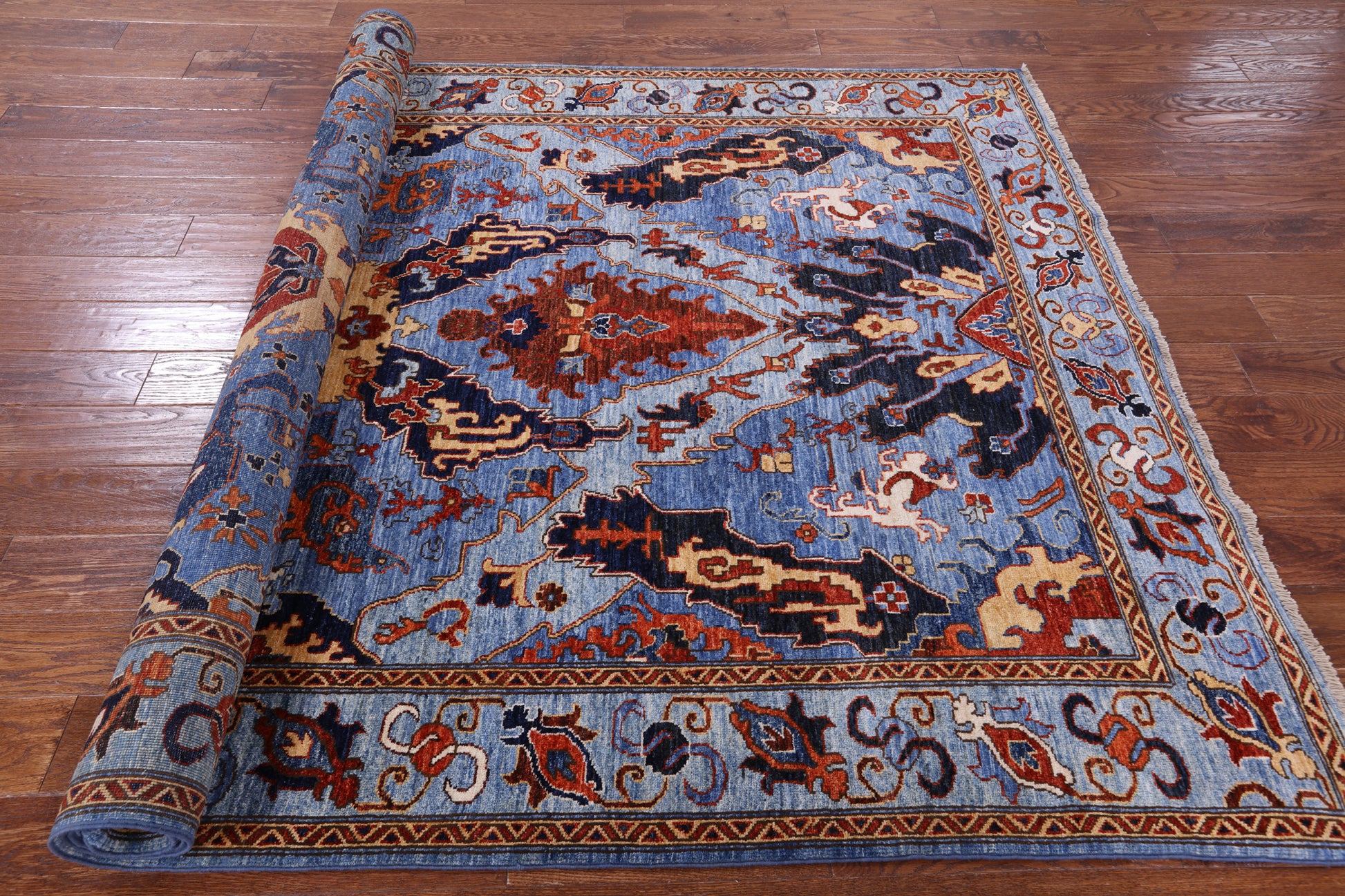 Blue Persian Fine Serapi Hand Knotted Wool Rug - 6' 1" X 9' 1" - Golden Nile