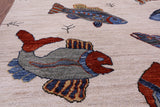 Ivory Fish Design Persian Gabbeh Hand Knotted Wool Rug - 6' 0" X 8' 10" - Golden Nile