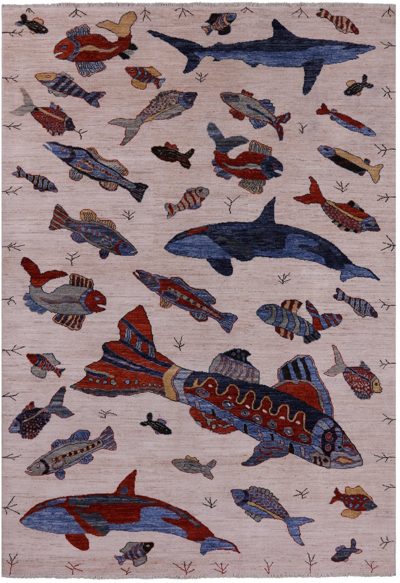 Ivory Fish Design Persian Gabbeh Hand Knotted Wool Rug - 6' 0" X 8' 10" - Golden Nile