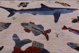 Ivory Fish Design Persian Gabbeh Hand Knotted Wool Rug - 6' 0" X 8' 10" - Golden Nile