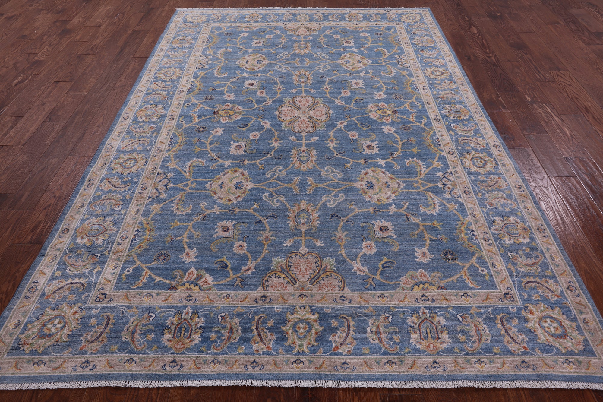 Blue Peshawar Hand Knotted Wool Rug - 6' 8" X 9' 8" - Golden Nile