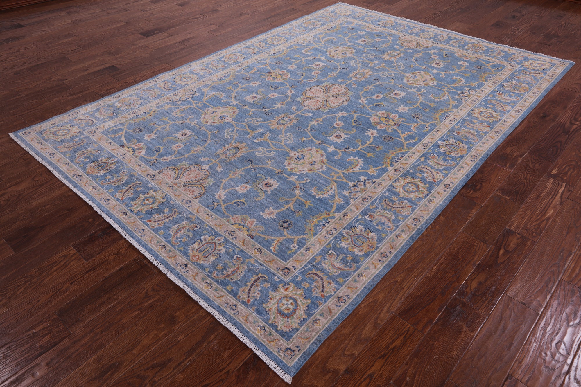 Blue Peshawar Hand Knotted Wool Rug - 6' 8" X 9' 8" - Golden Nile