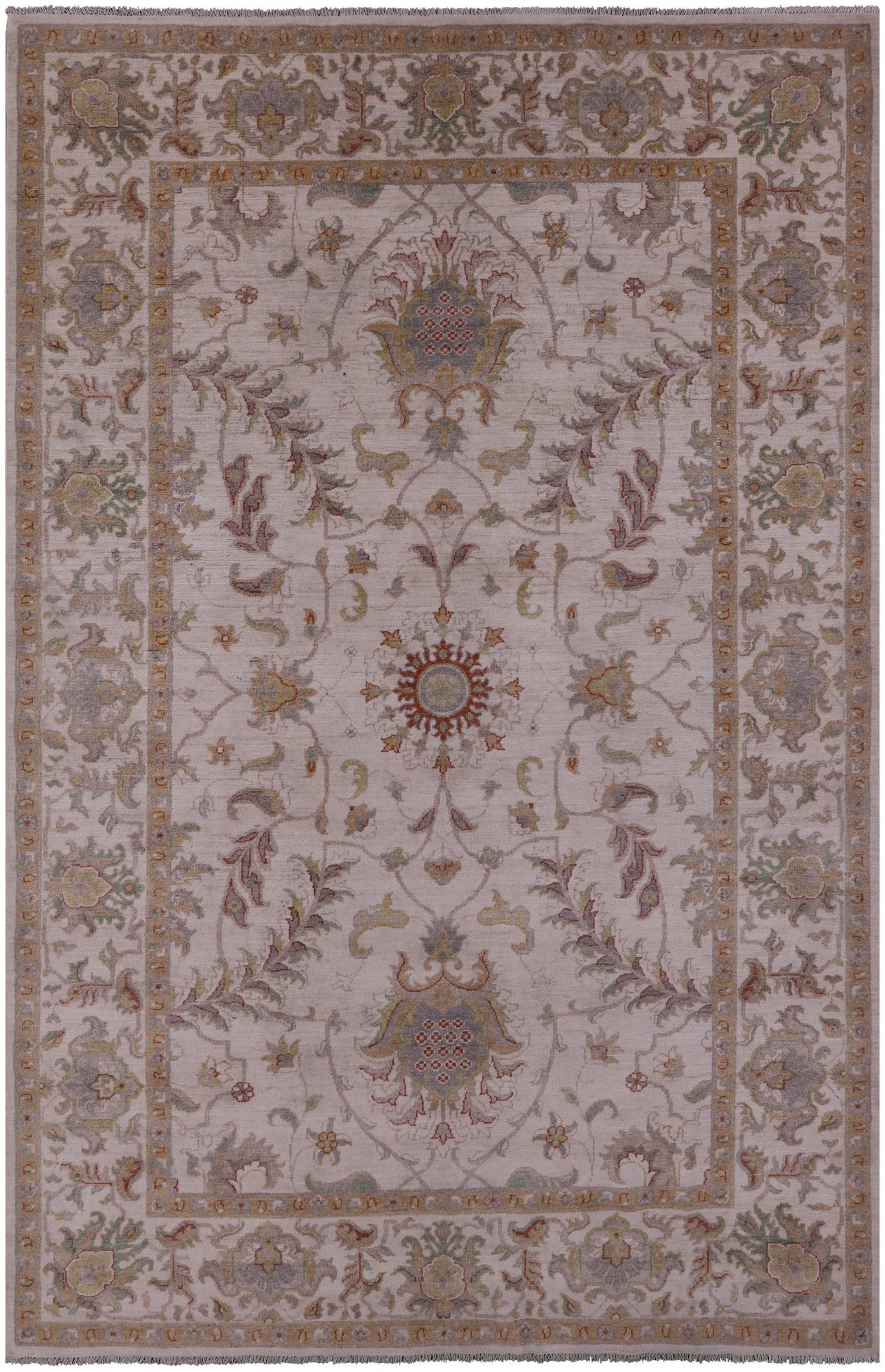 Ivory Peshawar Handmade Wool Rug - 6' 4" X 9' 8" - Golden Nile