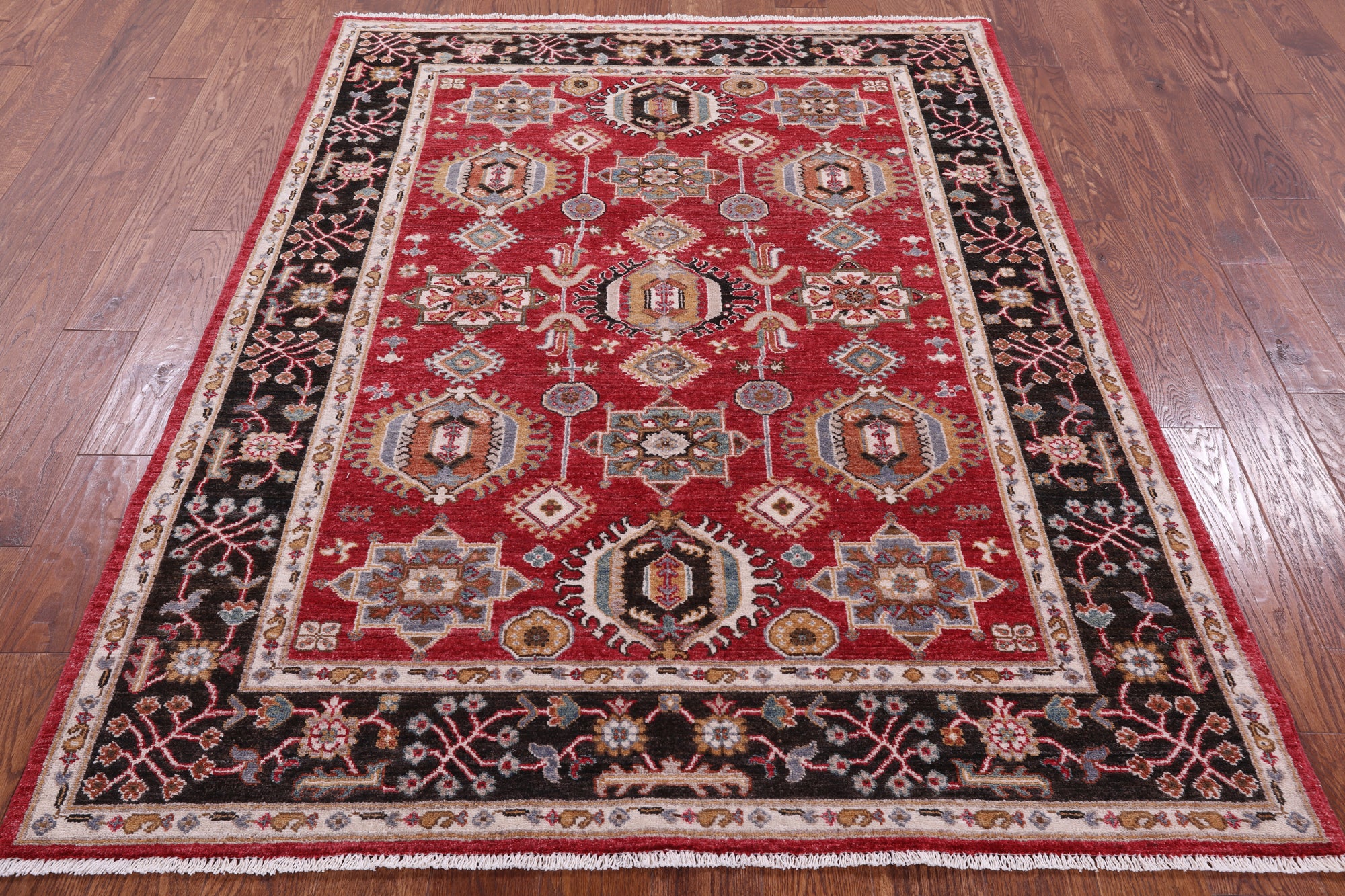 Red Persian Fine Serapi Hand Knotted Wool Rug - 5' 2" X 6' 7" - Golden Nile
