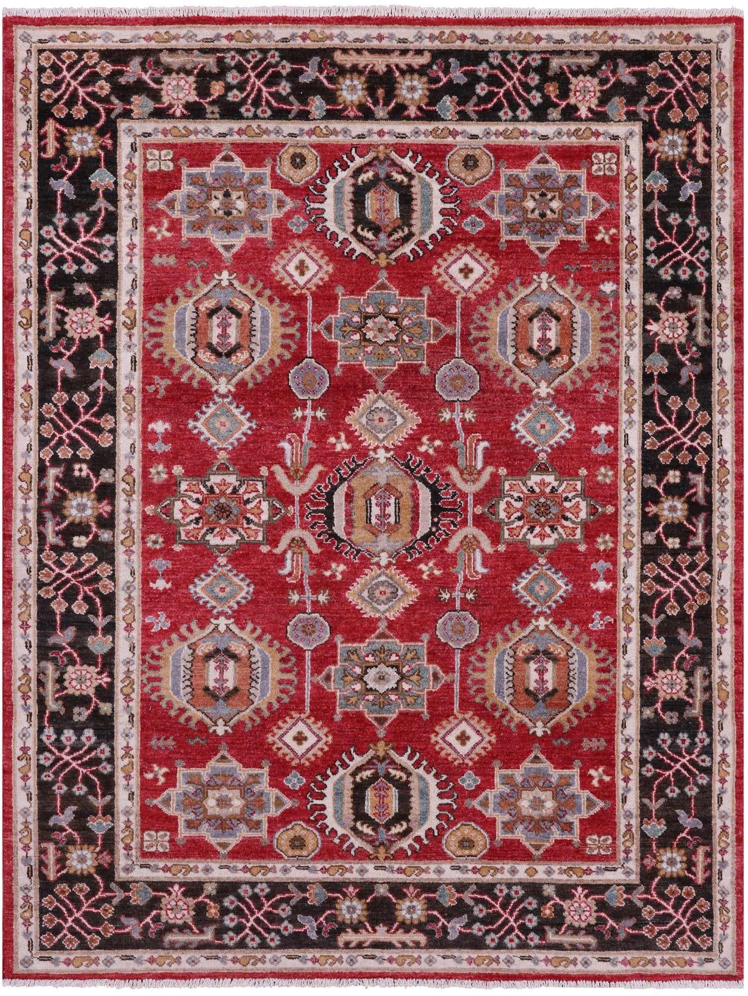 Red Persian Fine Serapi Hand Knotted Wool Rug - 5' 2" X 6' 7" - Golden Nile