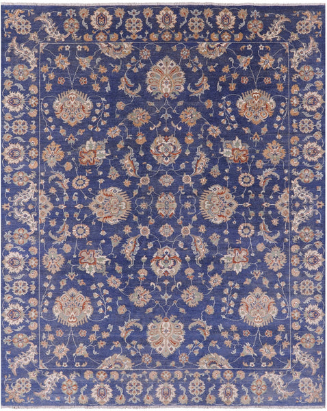Blue Peshawar Hand Knotted Wool Rug - 8' 1" X 9' 8" - Golden Nile