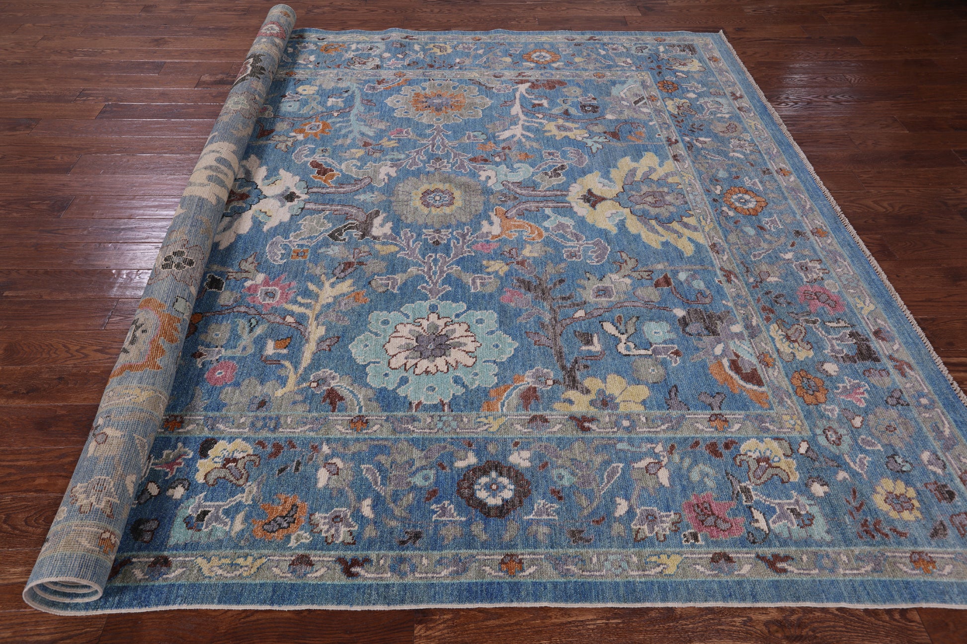 Blue Turkish Oushak Handmade Wool On Wool Rug - 9' 1" X 11' 9" - Golden Nile