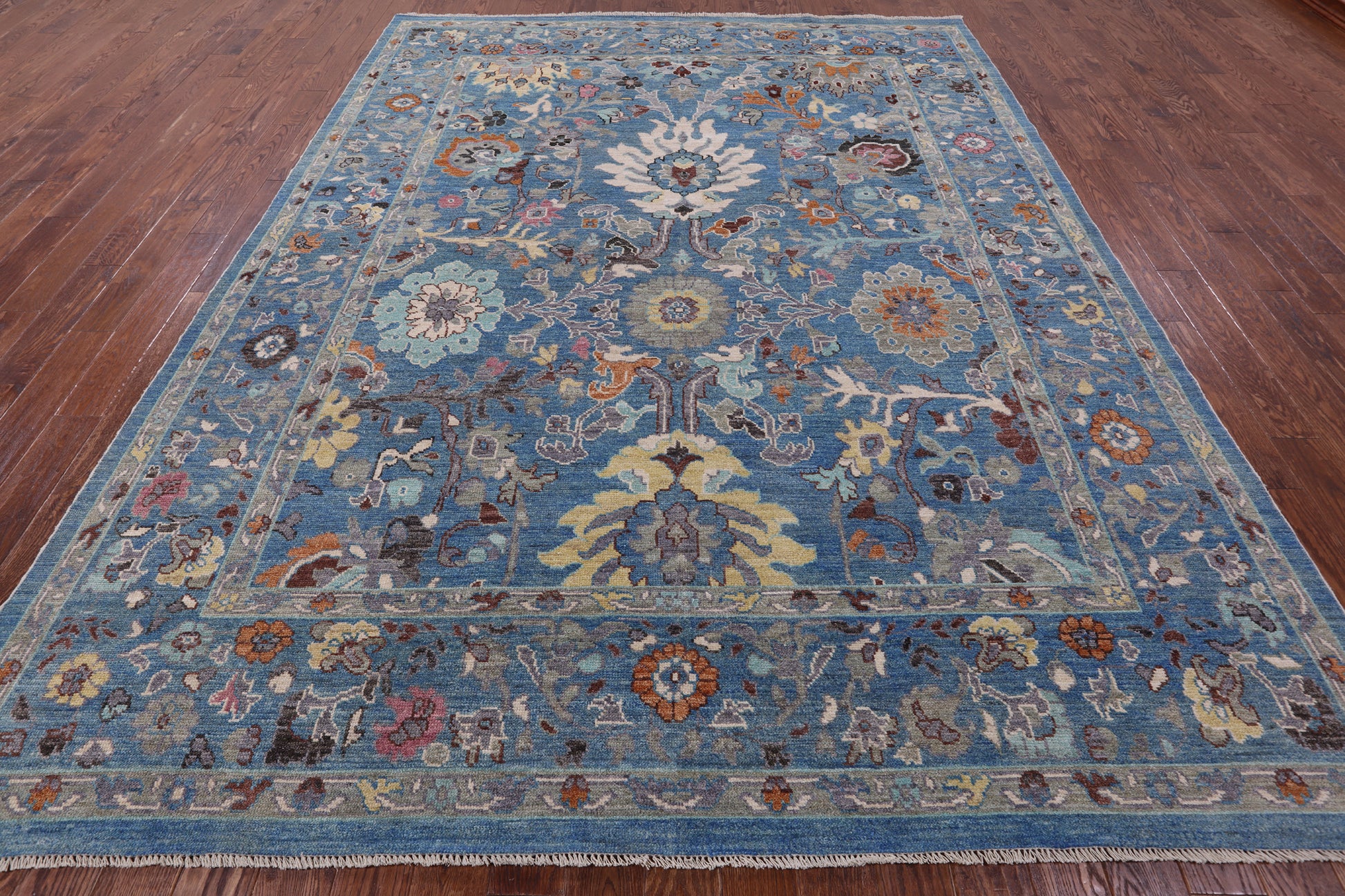 Blue Turkish Oushak Handmade Wool On Wool Rug - 9' 1" X 11' 9" - Golden Nile