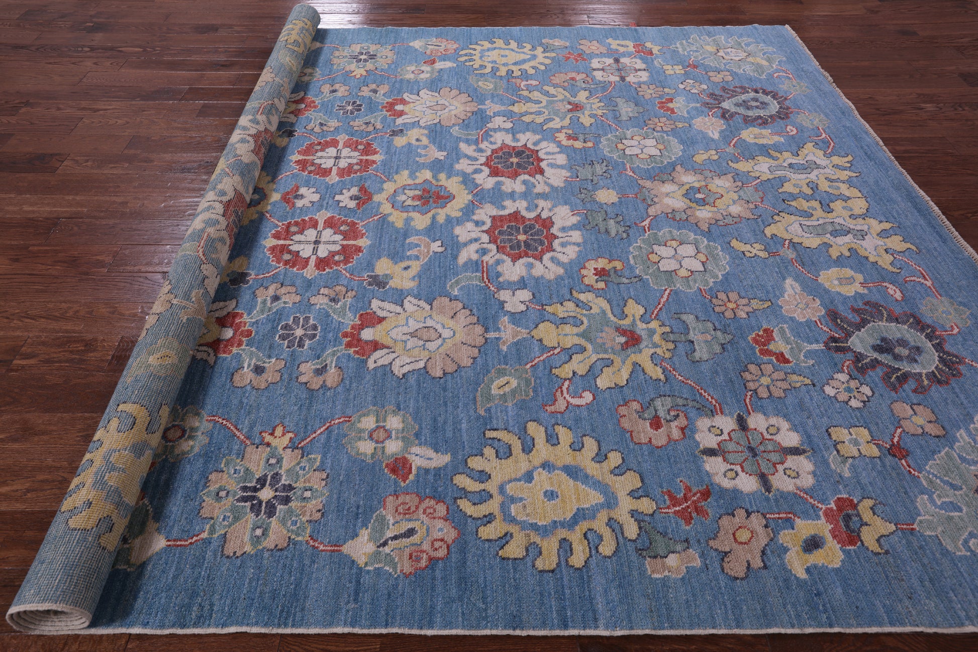 Blue Turkish Oushak Hand Knotted Wool On Wool Rug - 9' 0" X 12' 7" - Golden Nile