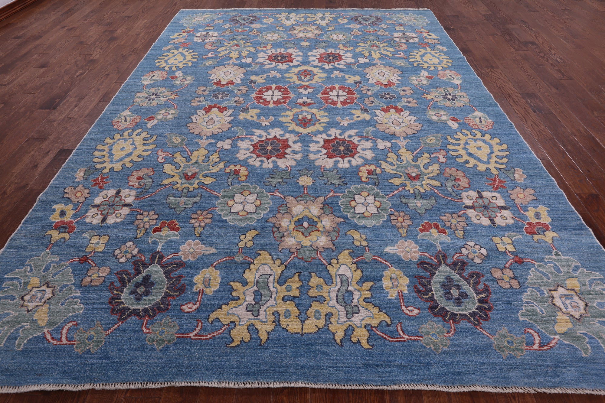 Blue Turkish Oushak Hand Knotted Wool On Wool Rug - 9' 0" X 12' 7" - Golden Nile