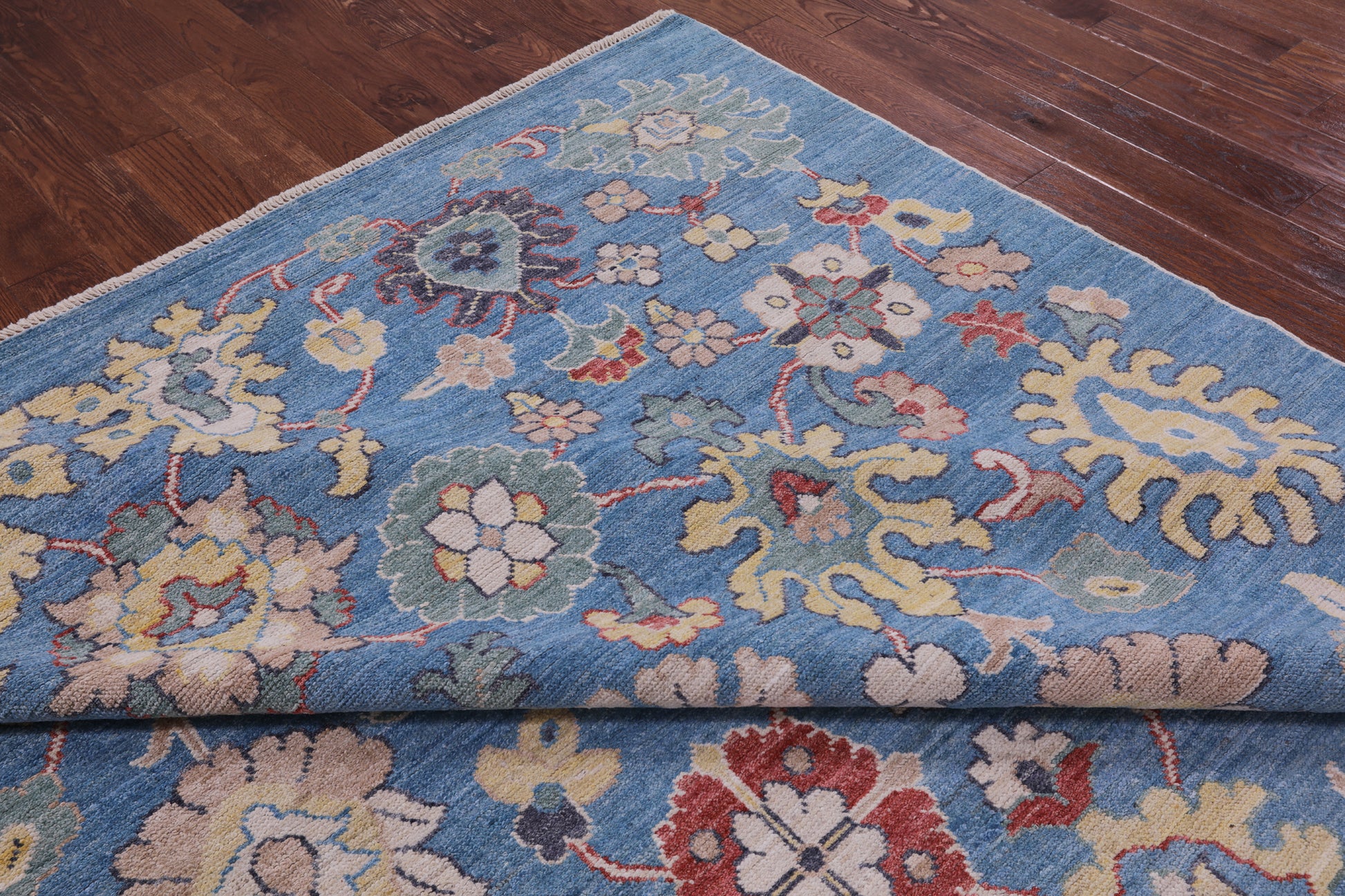 Blue Turkish Oushak Hand Knotted Wool On Wool Rug - 9' 0" X 12' 7" - Golden Nile
