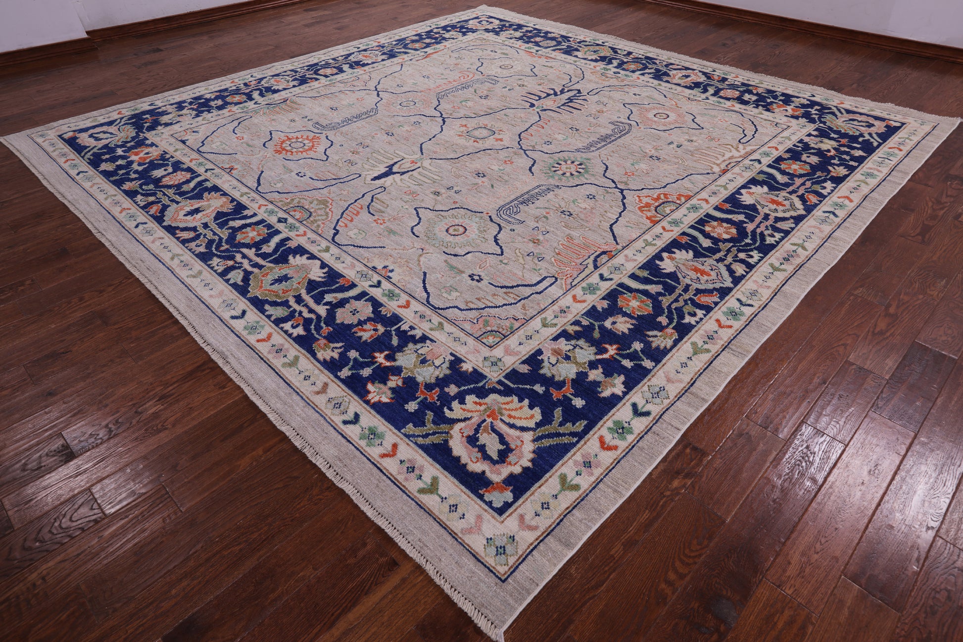 Ivory Square Turkish Oushak Handmade Wool On Wool Rug - 12' 0" X 12' 1" - Golden Nile