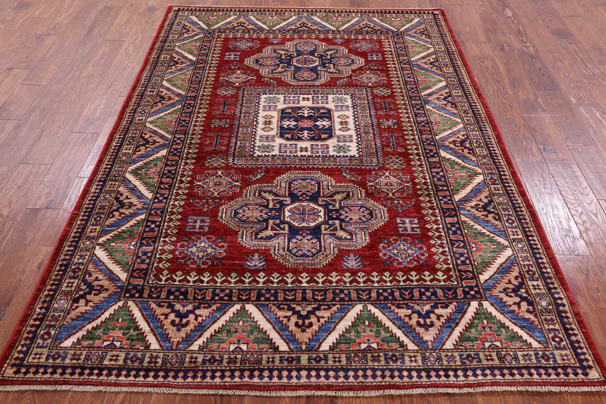Red Super Kazak Hand Knotted Wool Rug - 5' 8" X 7' 10" - Golden Nile