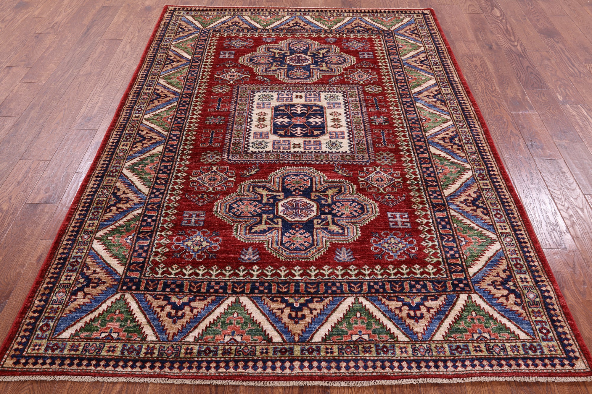 Red Super Kazak Hand Knotted Wool Rug - 5' 8" X 7' 10" - Golden Nile