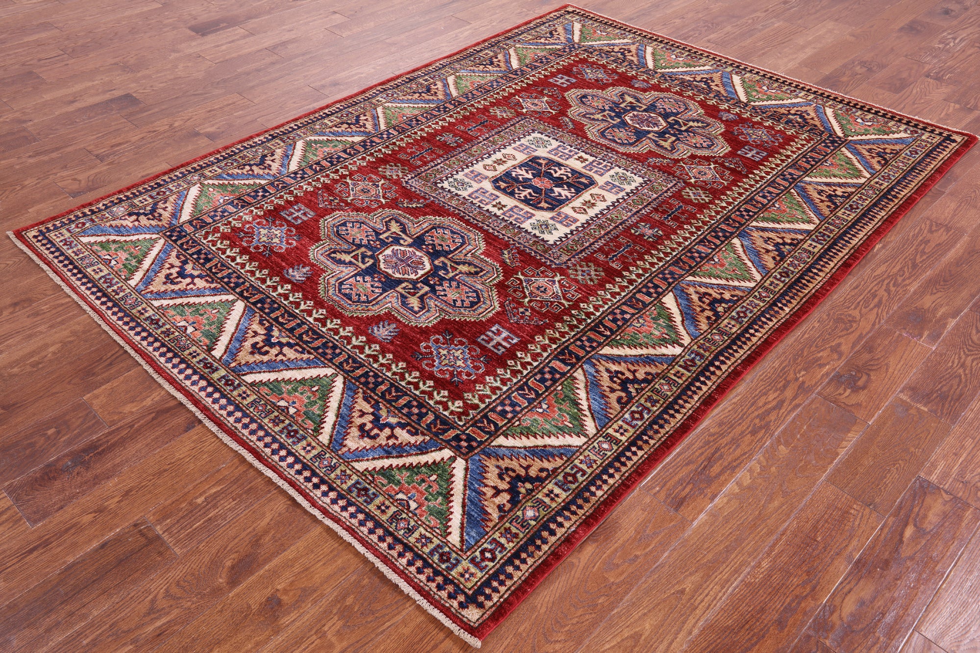 Red Super Kazak Hand Knotted Wool Rug - 5' 8" X 7' 10" - Golden Nile
