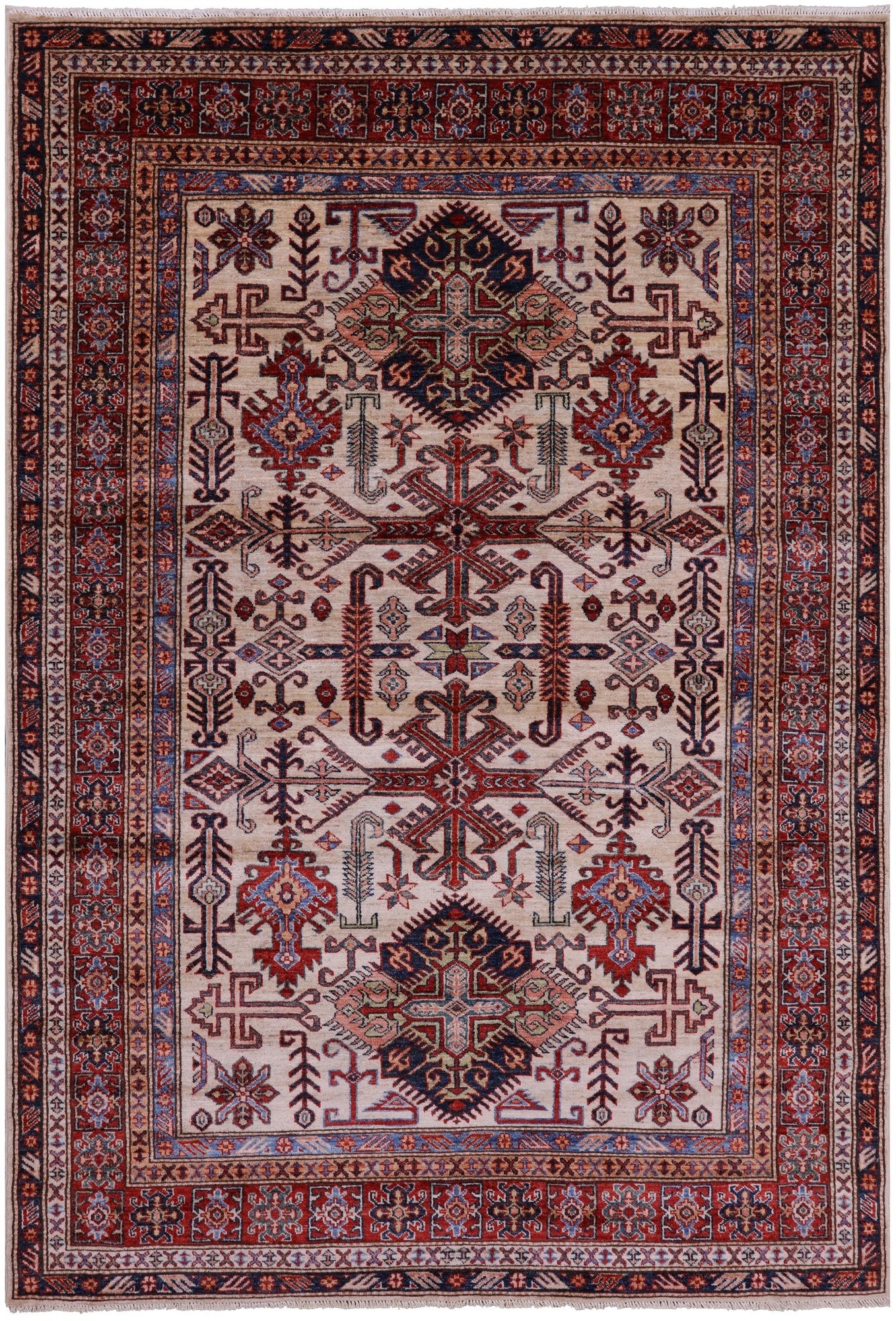 Ivory Super Kazak Hand Knotted Wool Rug - 6' 0" X 8' 8" - Golden Nile