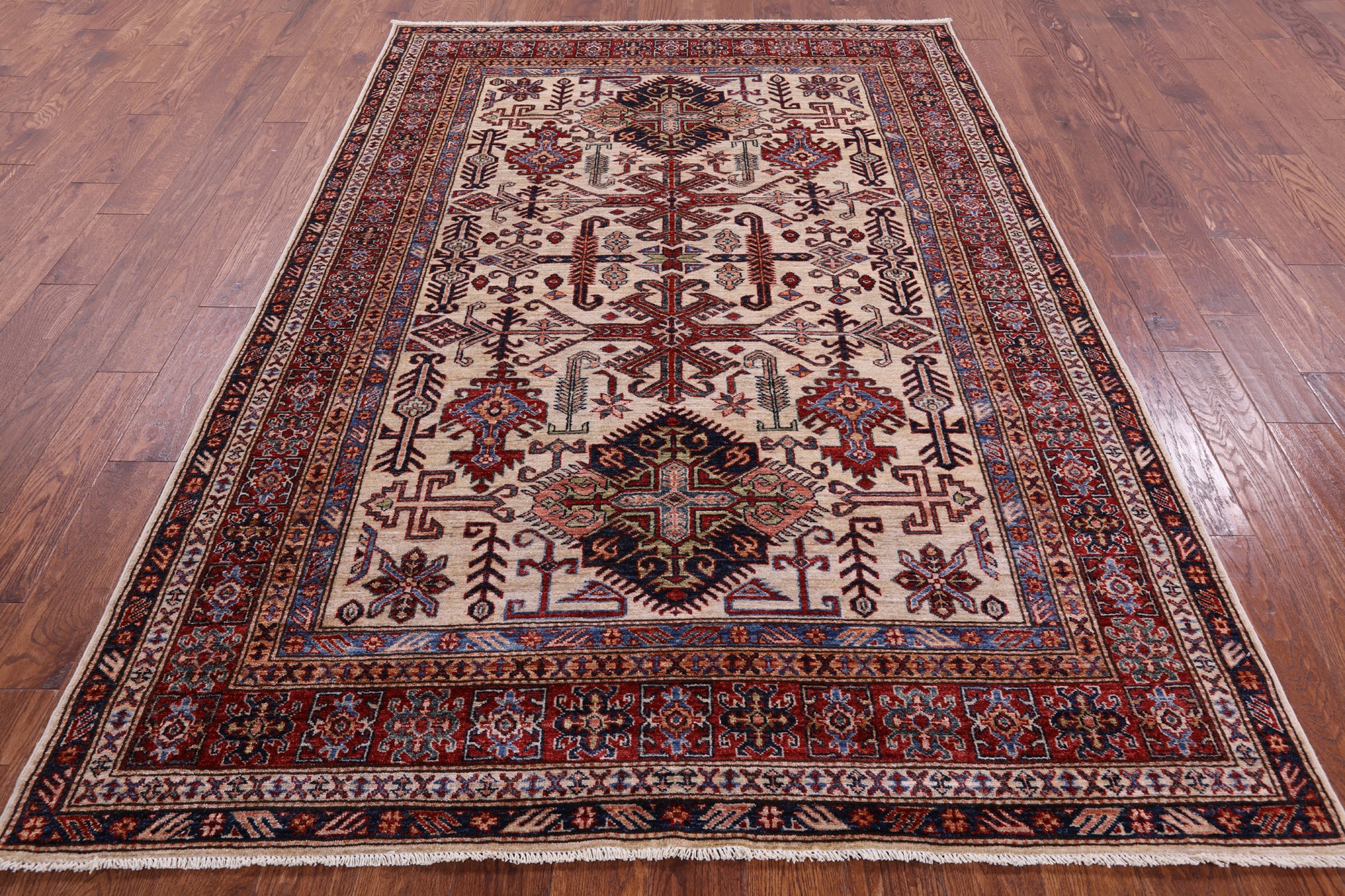 Ivory Super Kazak Hand Knotted Wool Rug - 6' 0" X 8' 8" - Golden Nile