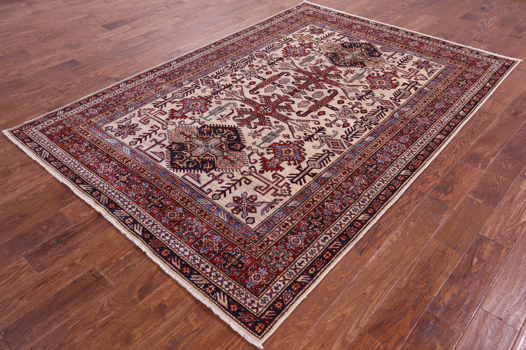 Ivory Super Kazak Hand Knotted Wool Rug - 6' 0" X 8' 8" - Golden Nile