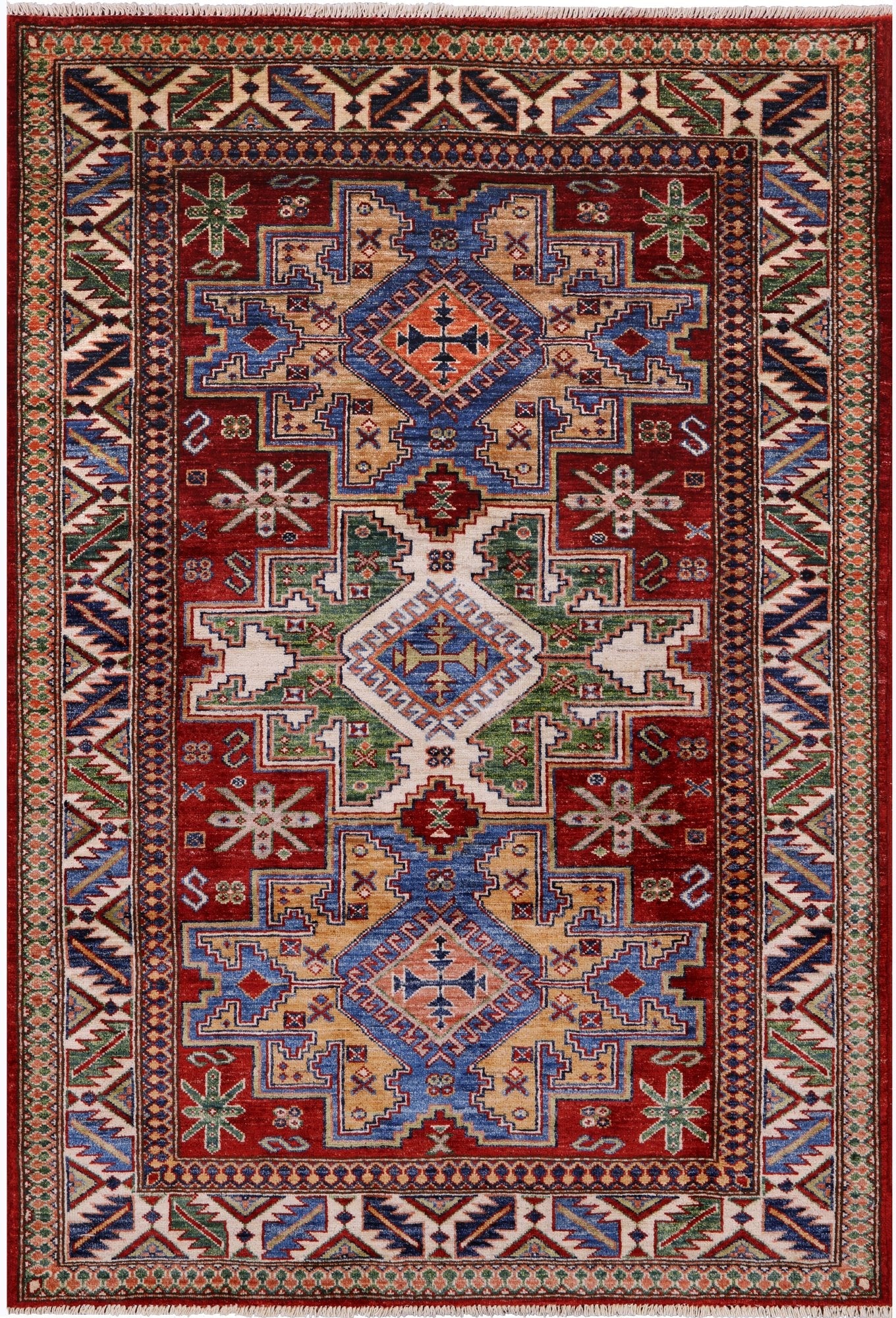 Geometric Super Kazak Hand Knotted Wool Rug - 5' 8