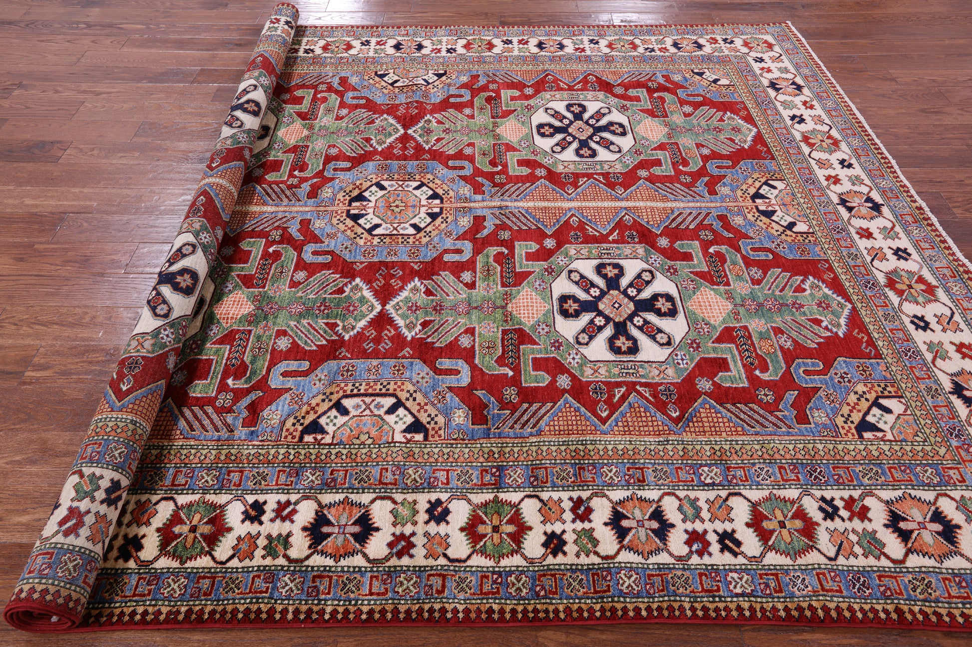 Red Super Kazak Hand Knotted Wool Rug - 8' 1" X 10' 1" - Golden Nile