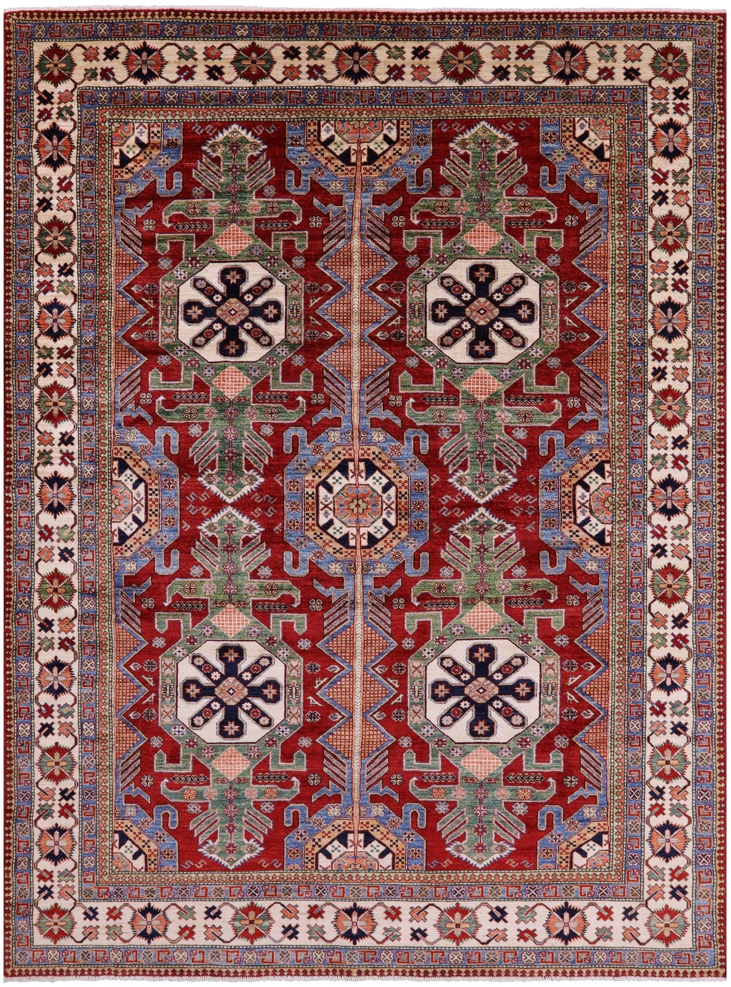 Red Super Kazak Hand Knotted Wool Rug - 8' 1" X 10' 1" - Golden Nile