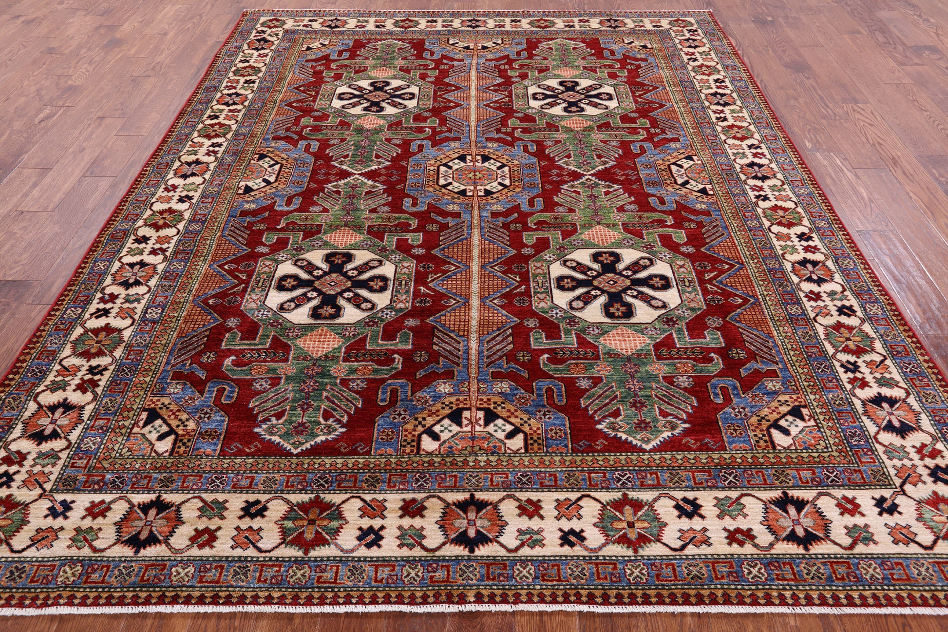 Red Super Kazak Hand Knotted Wool Rug - 8' 1" X 10' 1" - Golden Nile