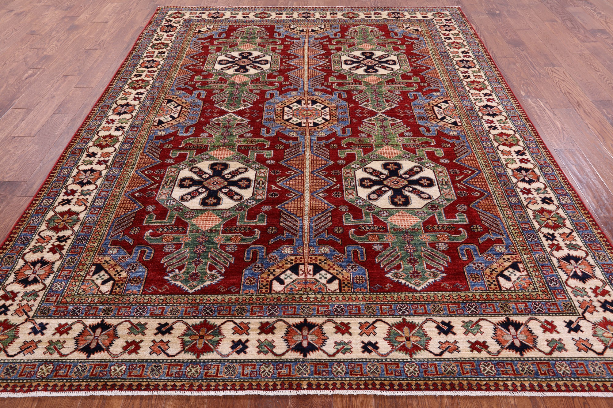 Red Super Kazak Hand Knotted Wool Rug - 8' 1" X 10' 1" - Golden Nile