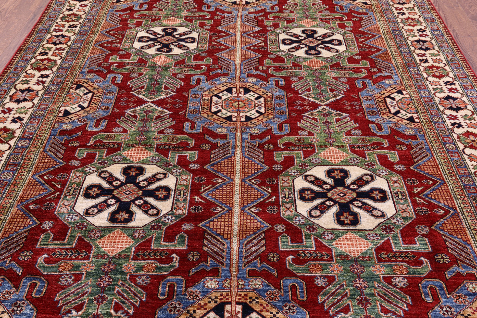 Red Super Kazak Hand Knotted Wool Rug - 8' 1" X 10' 1" - Golden Nile
