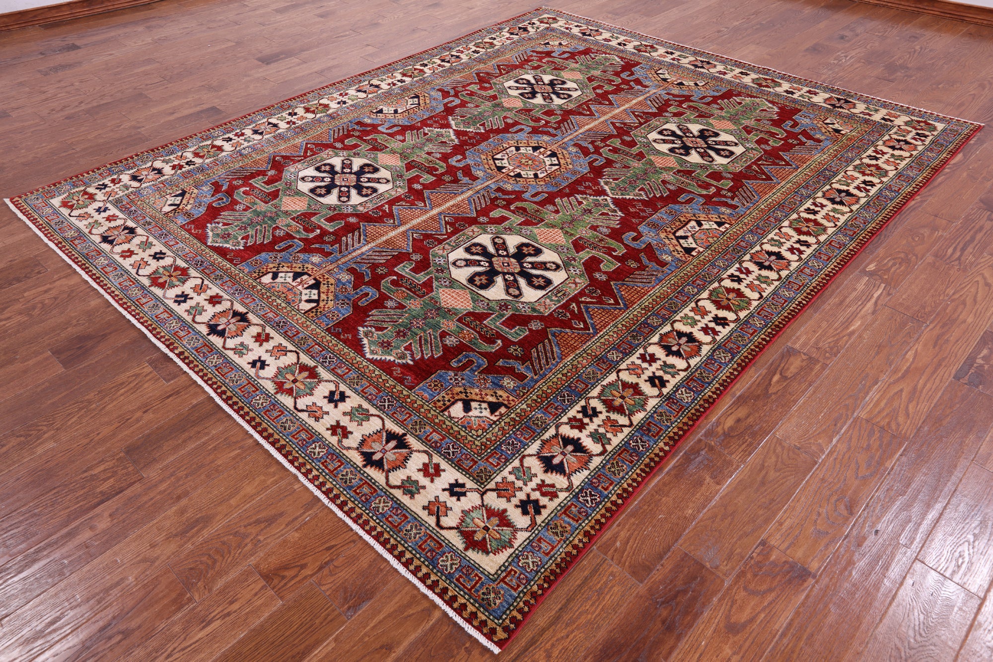 Red Super Kazak Hand Knotted Wool Rug - 8' 1" X 10' 1" - Golden Nile