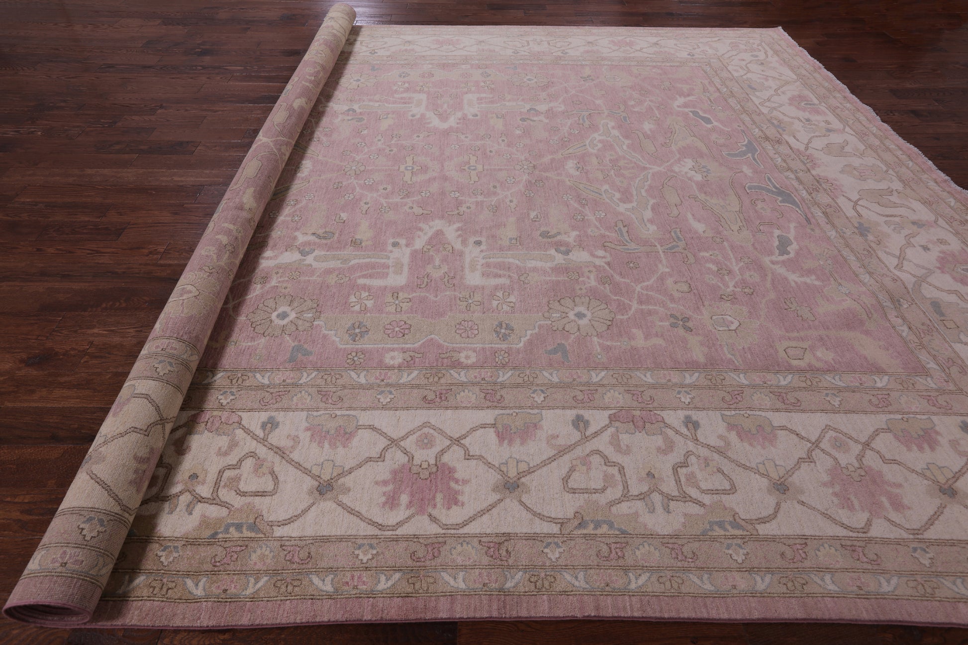 Pink Peshawar Handmade Wool Rug - 12' 0" X 14' 5" - Golden Nile