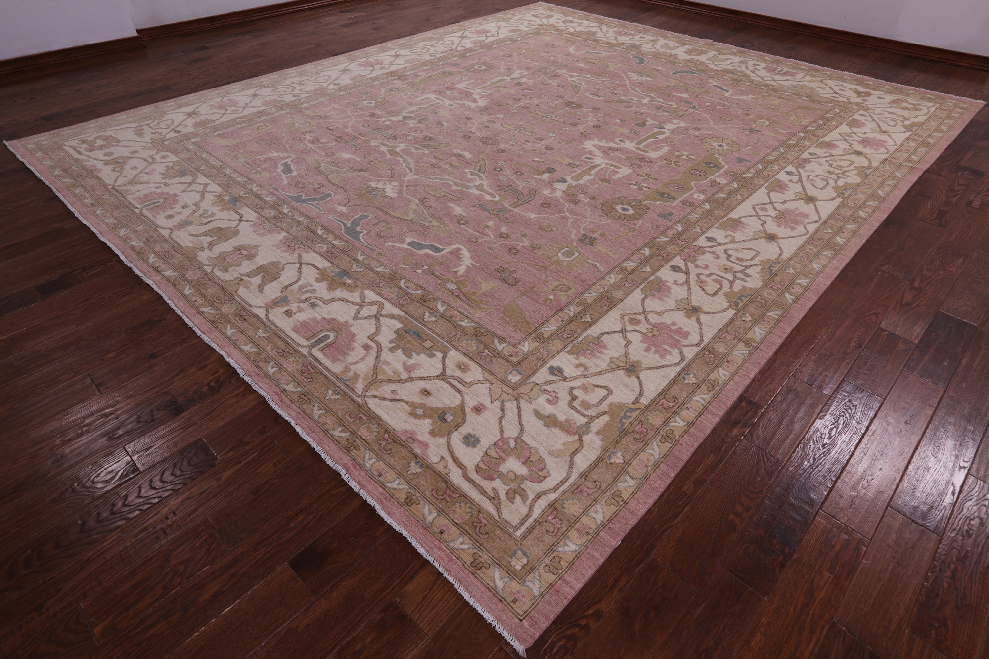 Pink Peshawar Handmade Wool Rug - 12' 0" X 14' 5" - Golden Nile