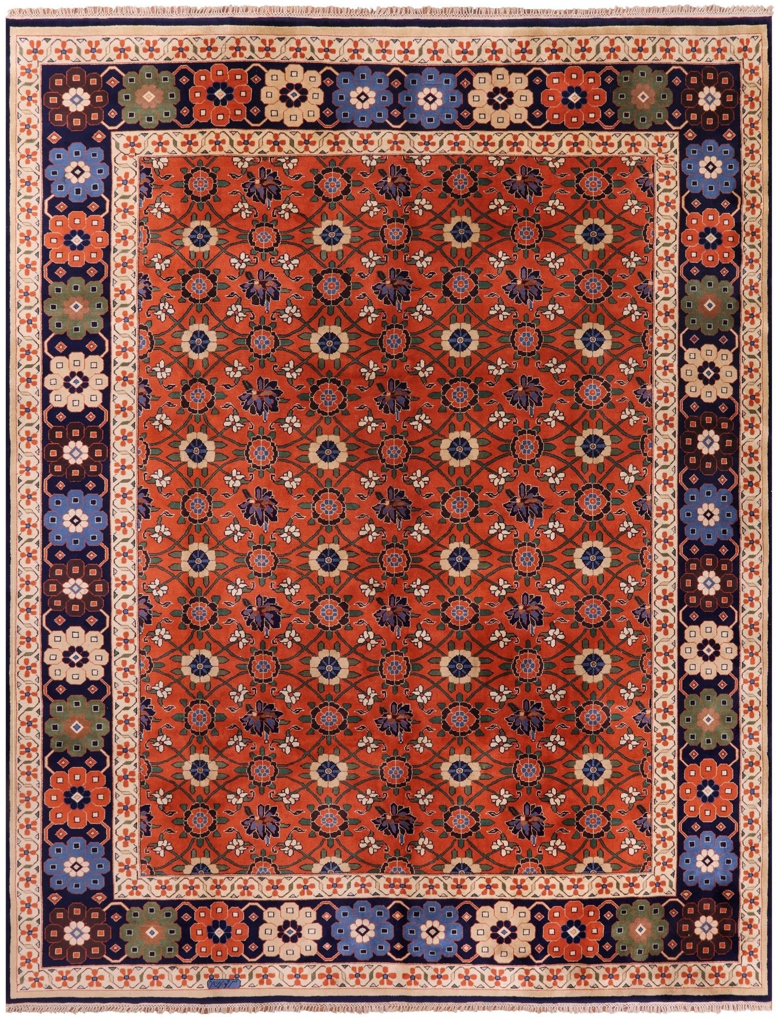 Red Signed Persian Varamin Hand Knotted Wool Rug - 10' 10" X 13' 10" - Golden Nile