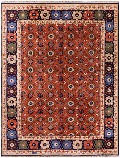 Red Signed Persian Varamin Hand Knotted Wool Rug - 10' 10" X 13' 10" - Golden Nile