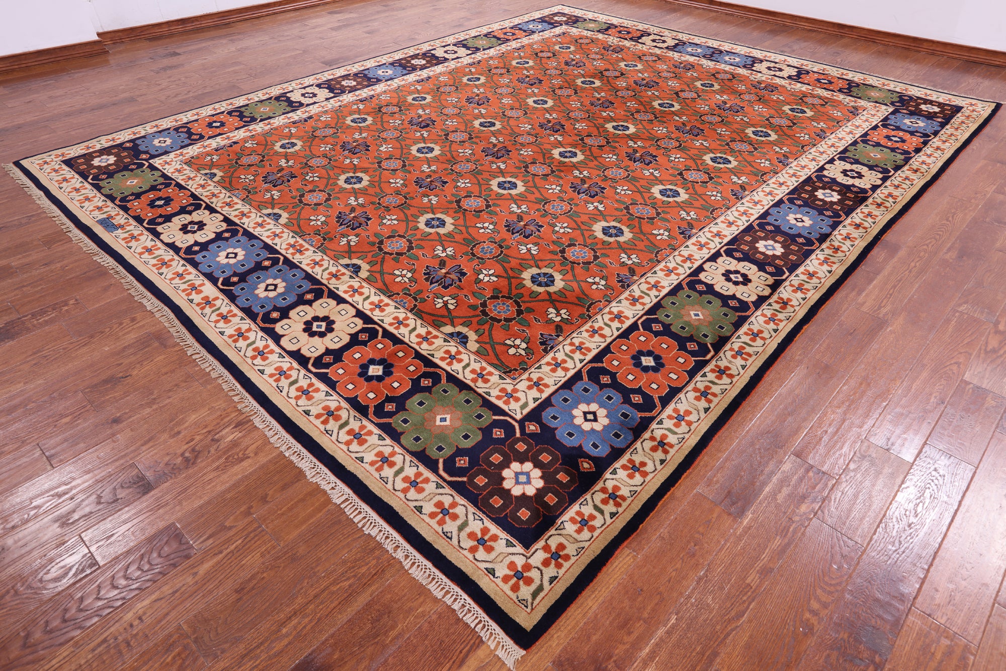 Red Signed Persian Varamin Hand Knotted Wool Rug - 10' 10" X 13' 10" - Golden Nile