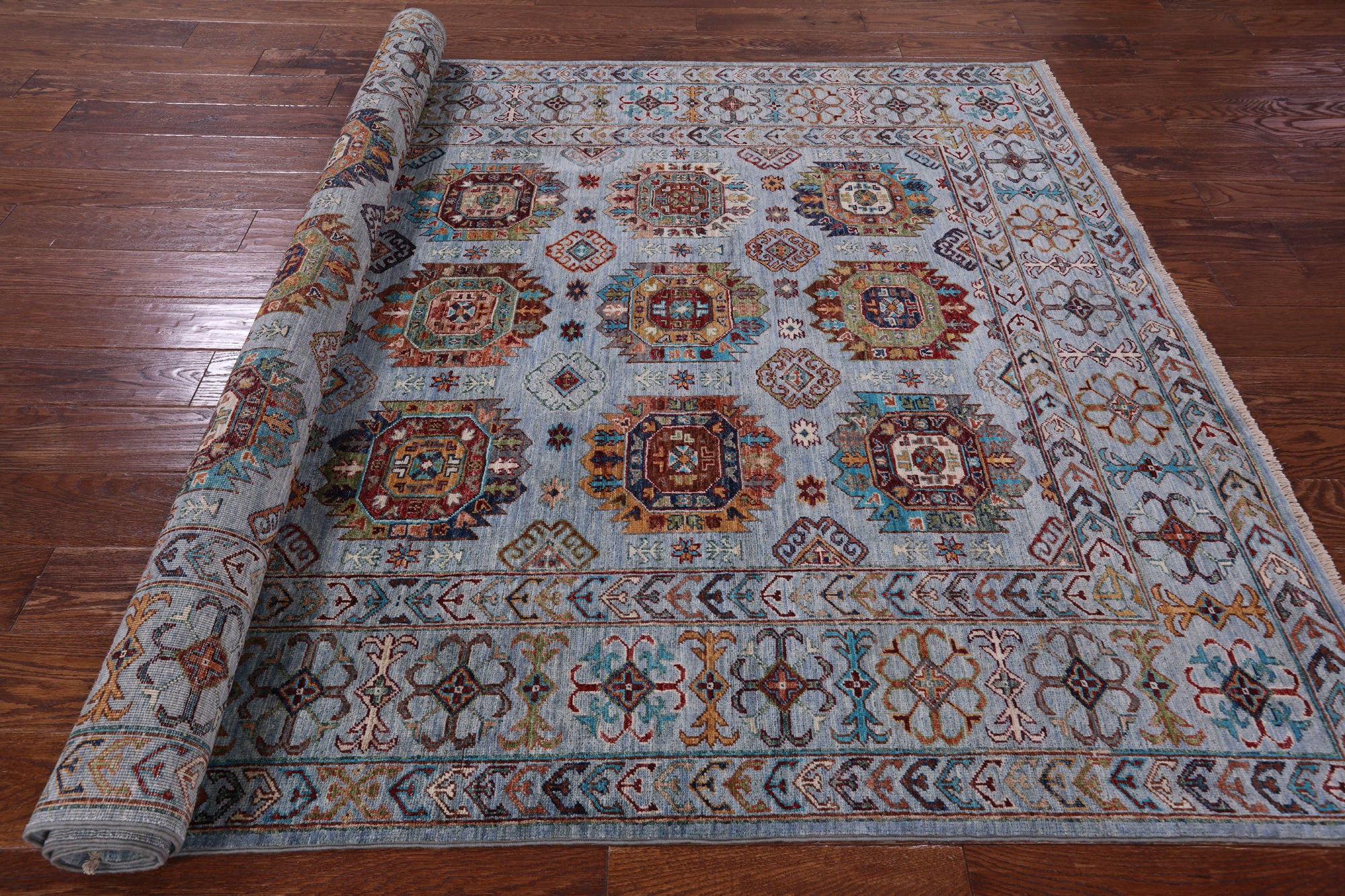 Blue Turkmen Ersari Handmade Wool Rug - 5' 8" X 8' 1" - Golden Nile