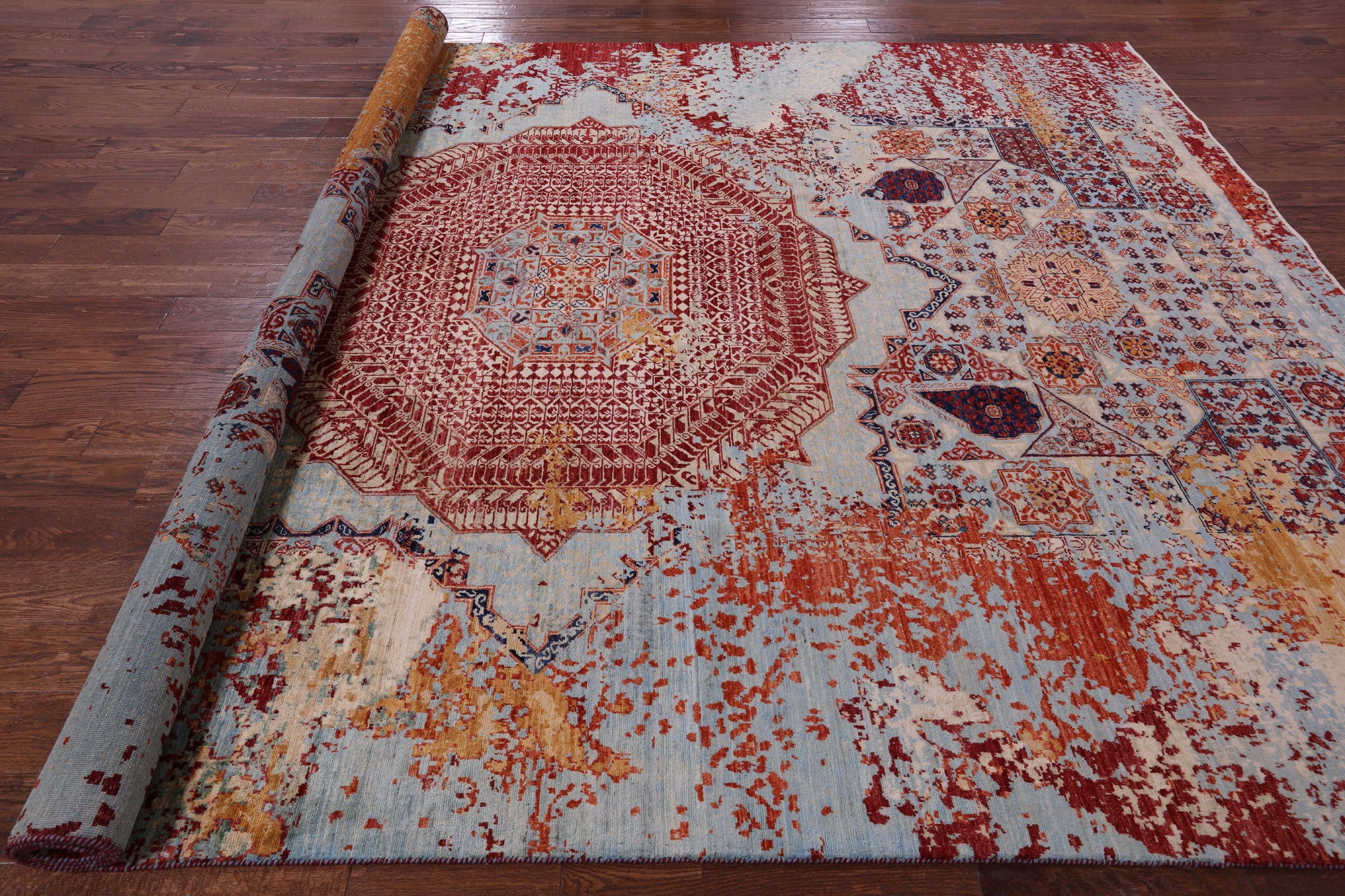 Abstract Modern Mamluk Hand Knotted Wool Rug - 8' 11" X 11' 9" - Golden Nile