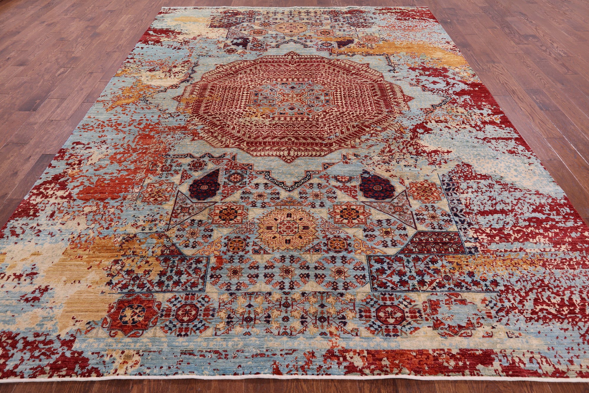 Abstract Modern Mamluk Hand Knotted Wool Rug - 8' 11" X 11' 9" - Golden Nile