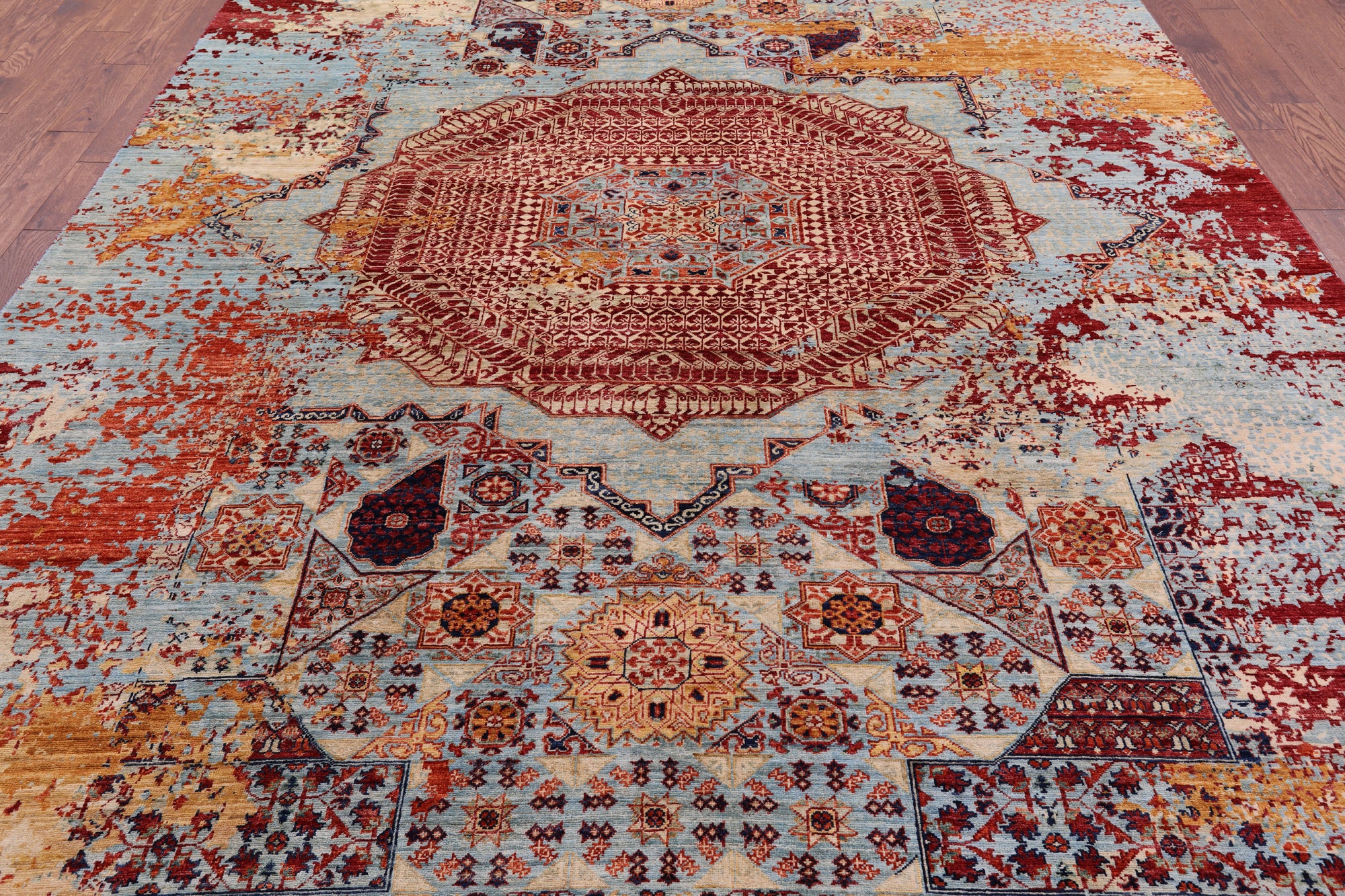 Abstract Modern Mamluk Hand Knotted Wool Rug - 8' 11" X 11' 9" - Golden Nile