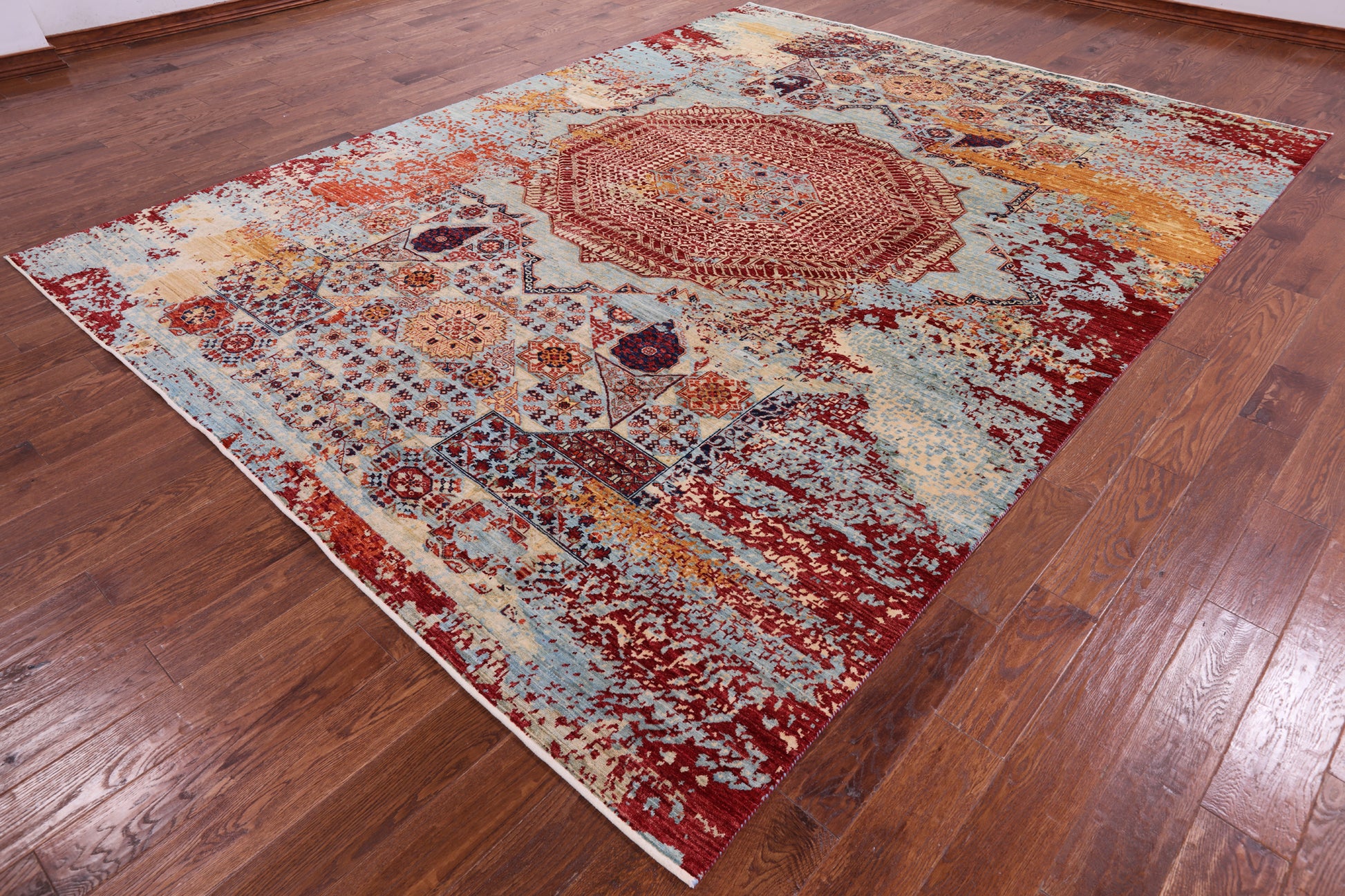Abstract Modern Mamluk Hand Knotted Wool Rug - 8' 11" X 11' 9" - Golden Nile