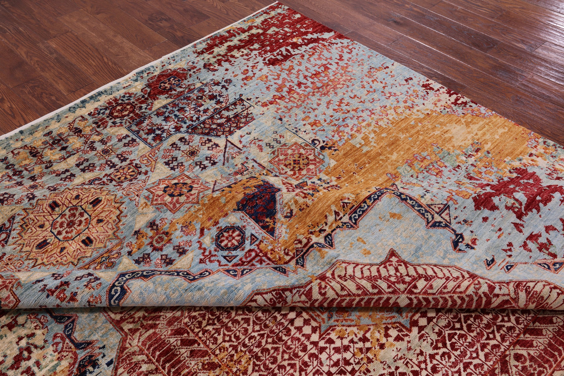 Abstract Modern Mamluk Hand Knotted Wool Rug - 8' 11" X 11' 9" - Golden Nile