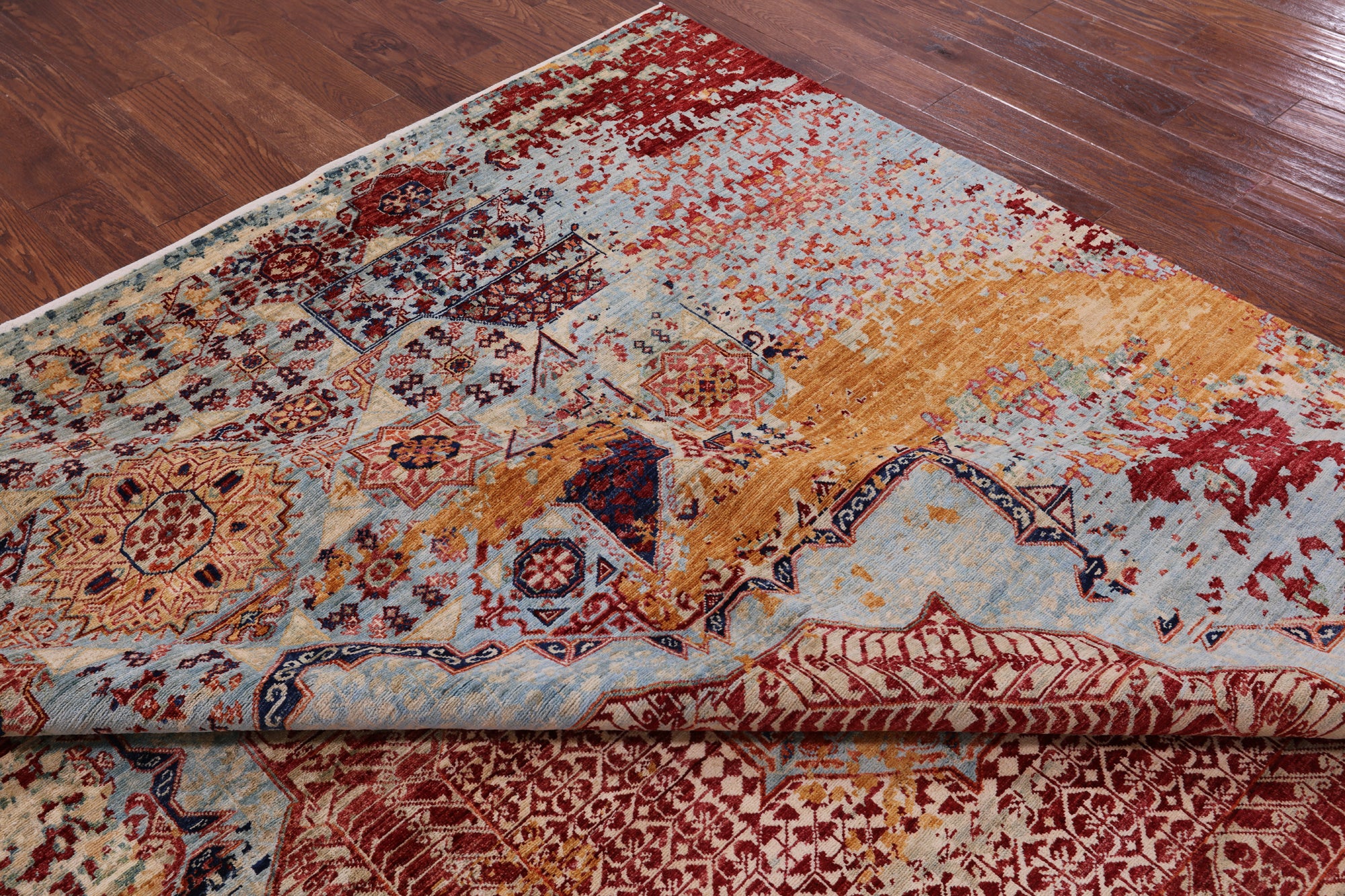 Abstract Modern Mamluk Hand Knotted Wool Rug - 8' 11" X 11' 9" - Golden Nile